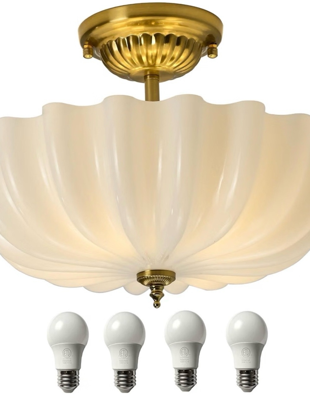 Brass Semi-Flush Ceiling Light with Cream Scalloped Glass Shade